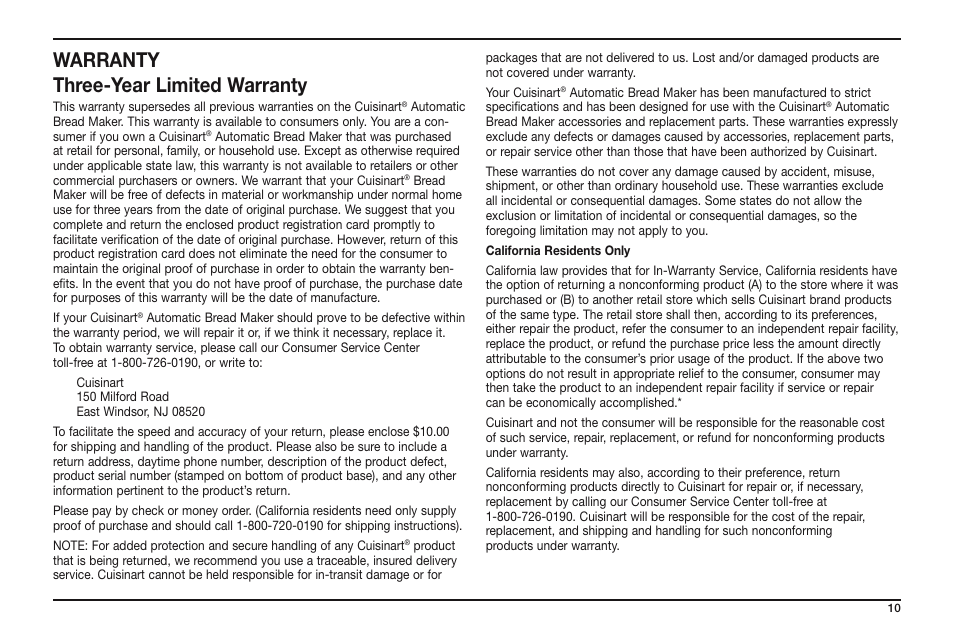 Warranty three-year limited warranty | Cuisinart CBK-100 User Manual | Page 11 / 12