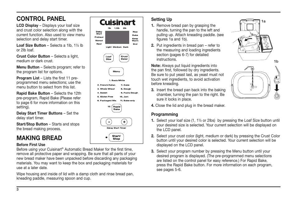 Control panel, Making bread | Cuisinart CBK-100 User Manual | Page 4 / 12