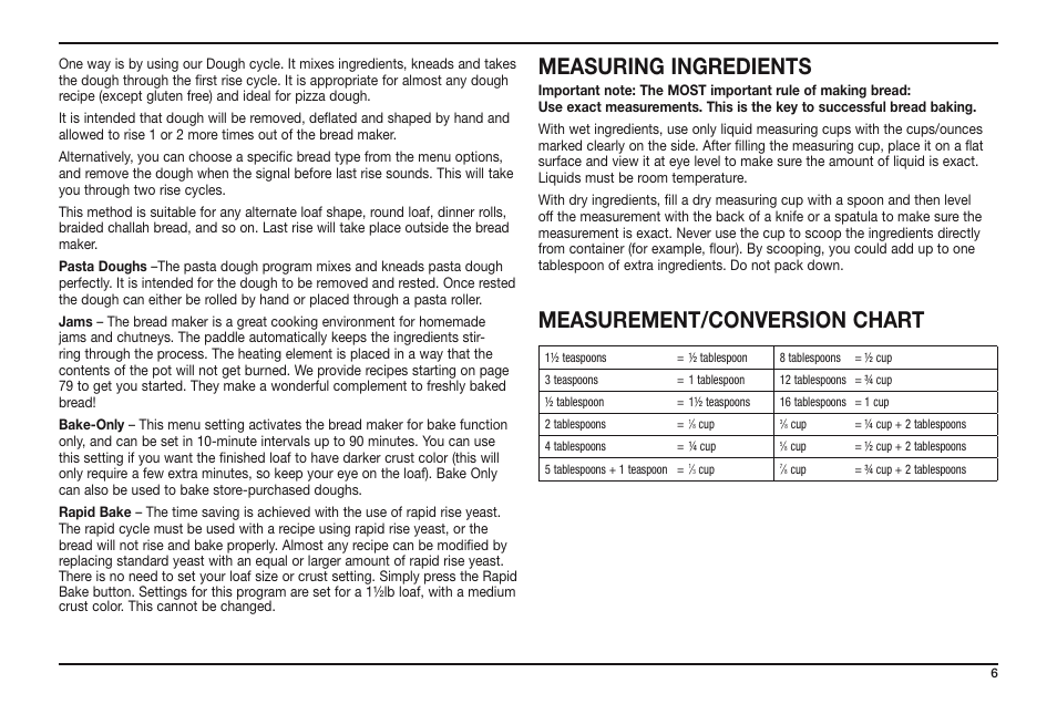 Measuring ingredients, Measurement/conversion chart | Cuisinart CBK-100 User Manual | Page 7 / 12