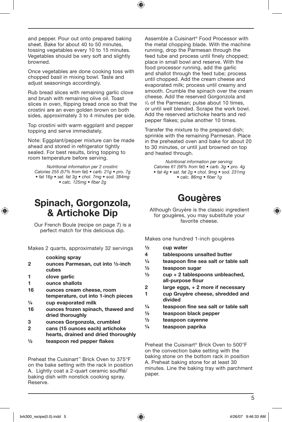 Spinach, gorgonzola, & artichoke dip, Gougères | Cuisinart BRK-300 User Manual | Page 15 / 33