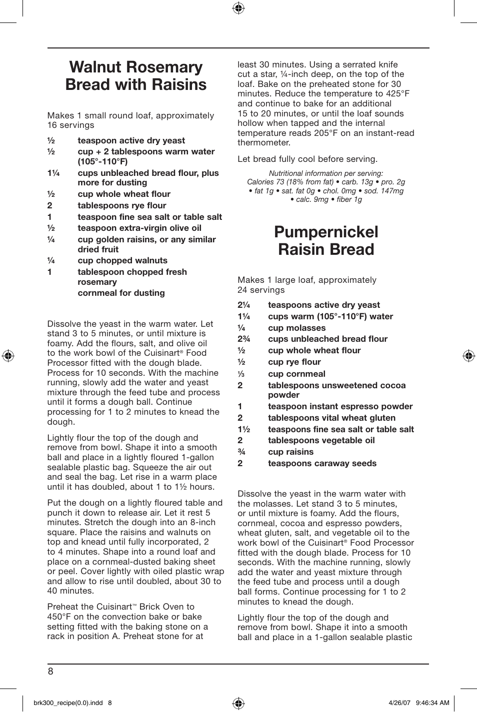 Walnut rosemary bread with raisins, Pumpernickel raisin bread | Cuisinart BRK-300 User Manual | Page 18 / 33