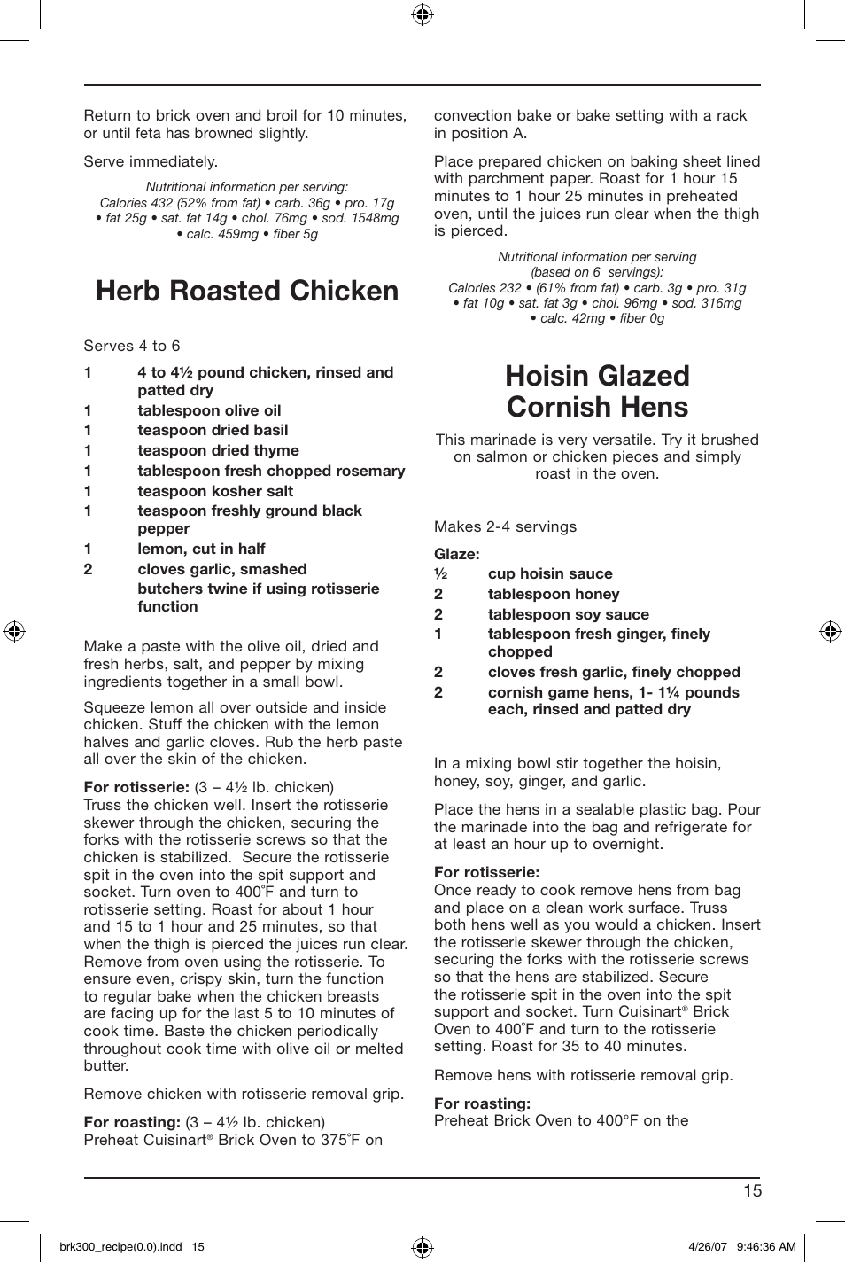 Herb roasted chicken, Hoisin glazed cornish hens | Cuisinart BRK-300 User Manual | Page 25 / 33