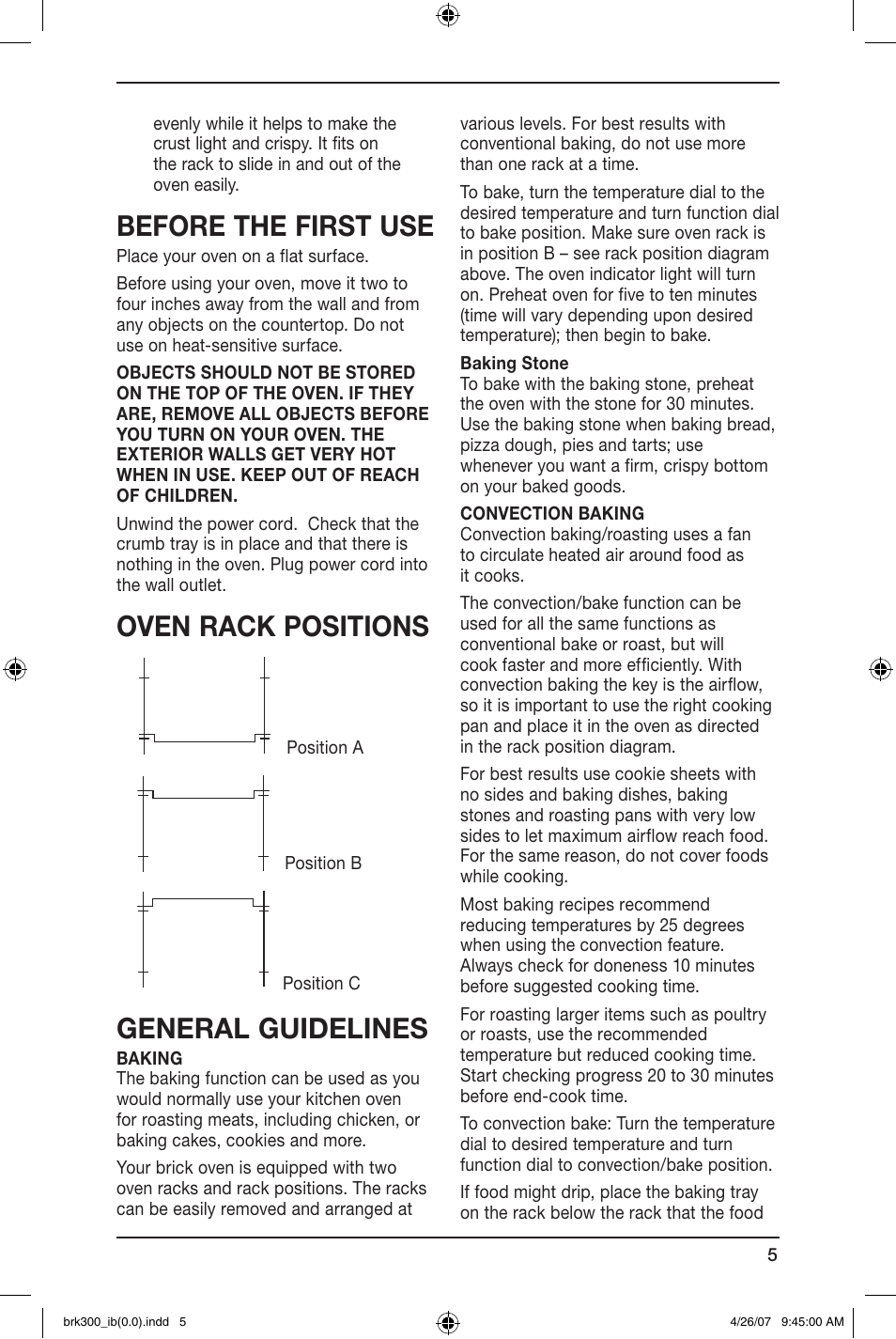 Before the first use, Oven rack positions general guidelines | Cuisinart BRK-300 User Manual | Page 5 / 33