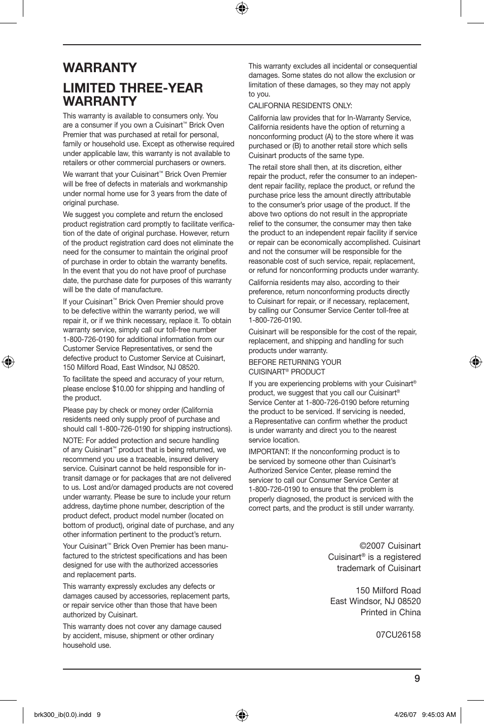 Warranty limited three-year warranty | Cuisinart BRK-300 User Manual | Page 9 / 33