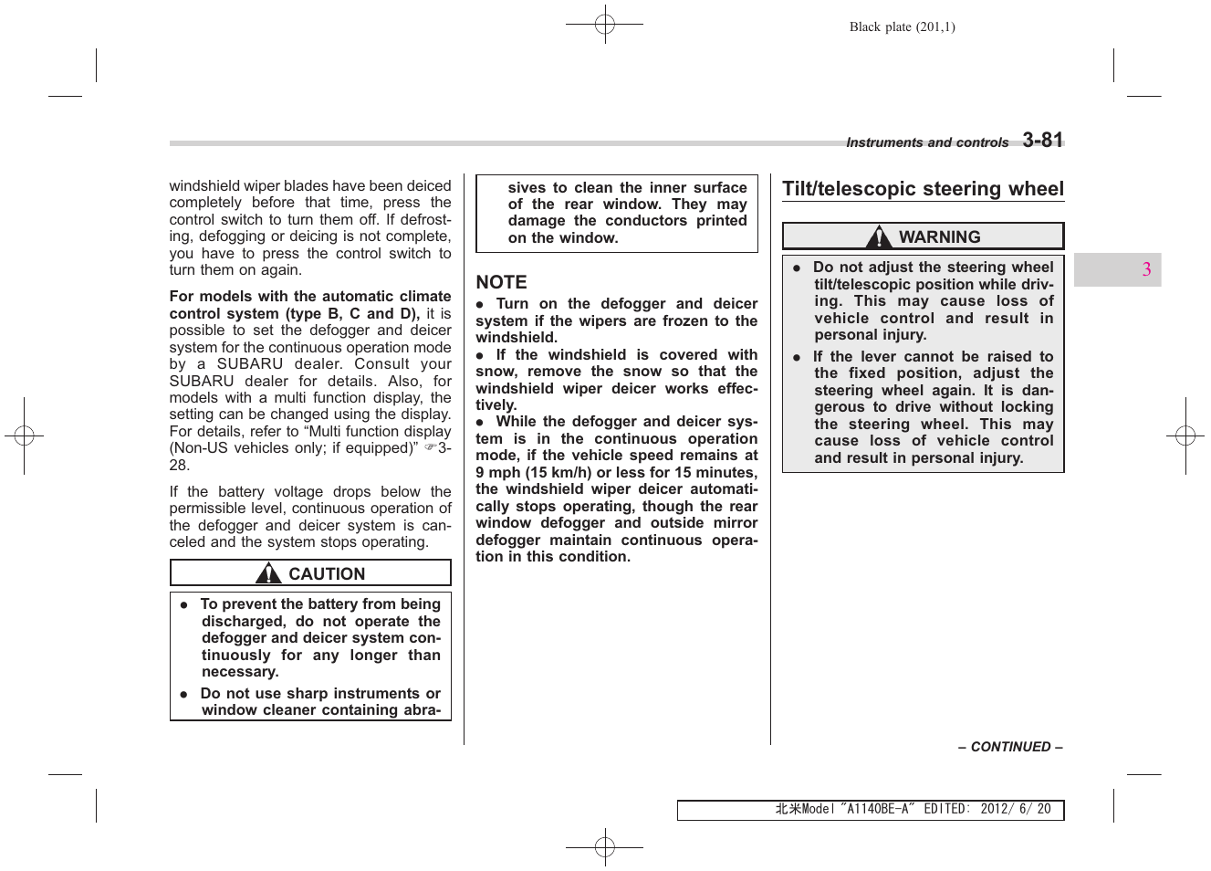 Tilt/telescopic steering wheel | Subaru 2013 Impreza User Manual | Page 199 / 463