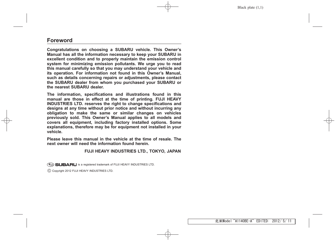 Msa5m1313astis_1, Foreword | Subaru 2013 Impreza User Manual | Page 2 / 463