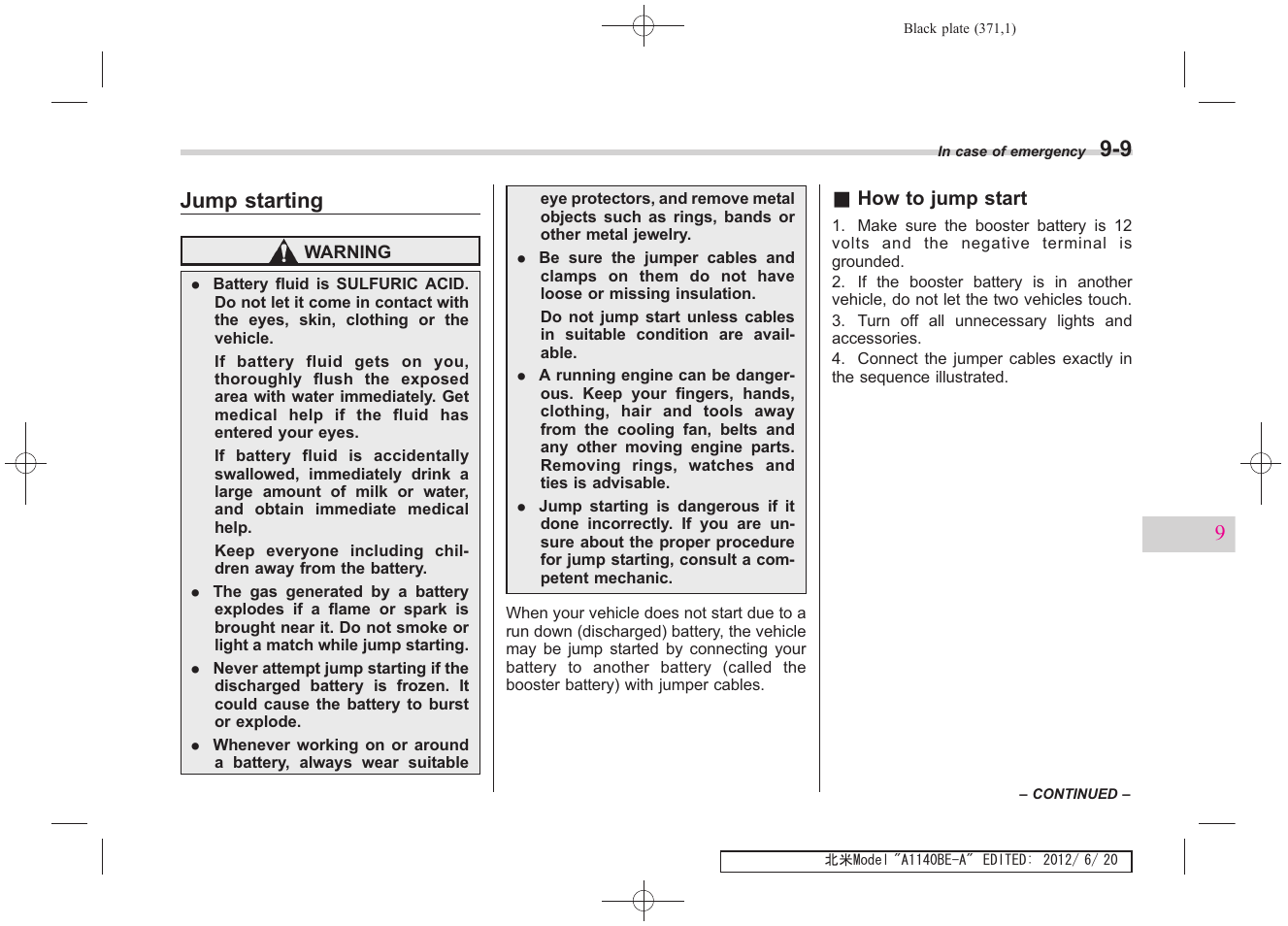 Jump starting | Subaru 2013 Impreza User Manual | Page 357 / 463