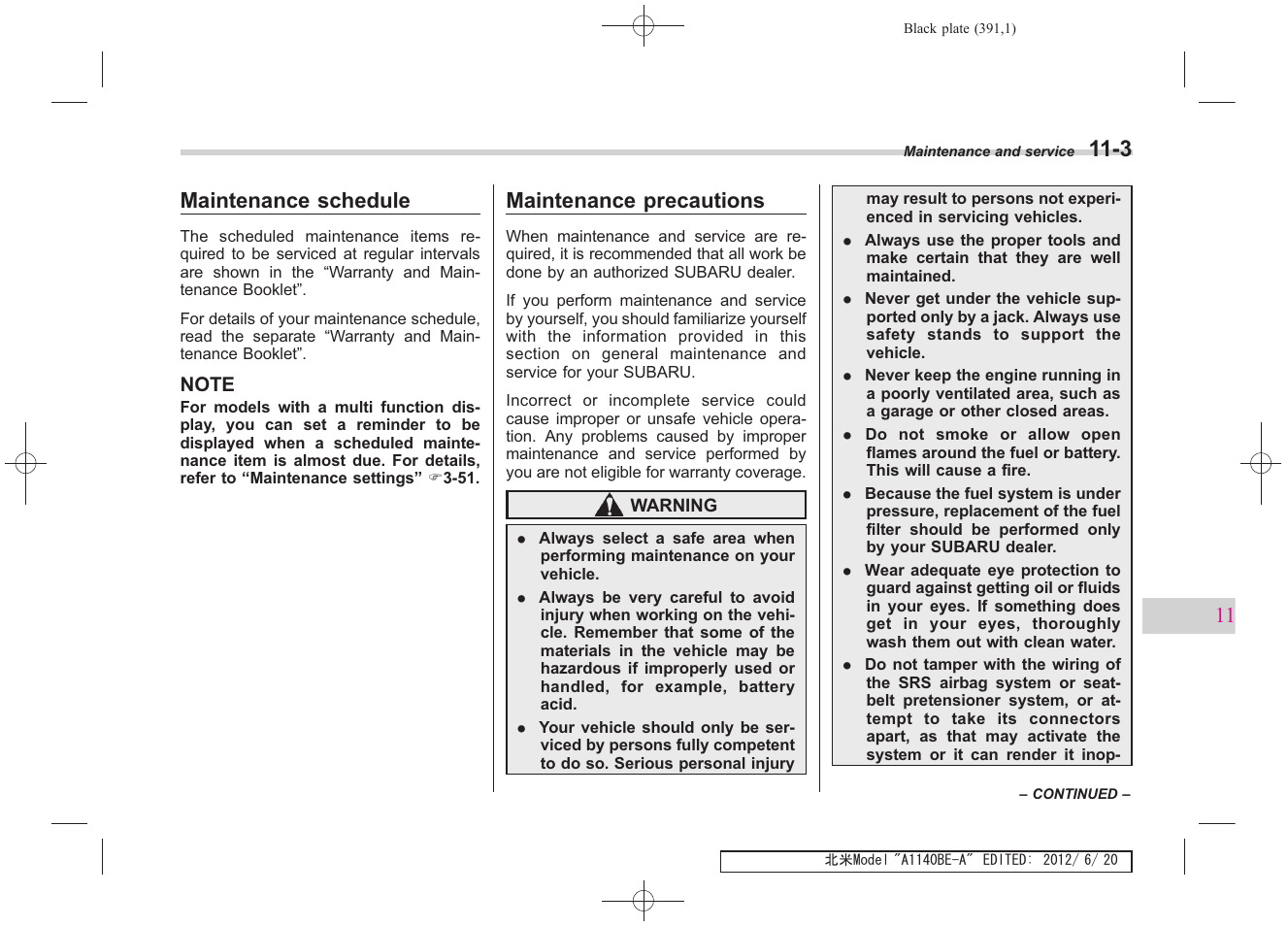 Maintenance schedule, Maintenance precautions | Subaru 2013 Impreza User Manual | Page 373 / 463