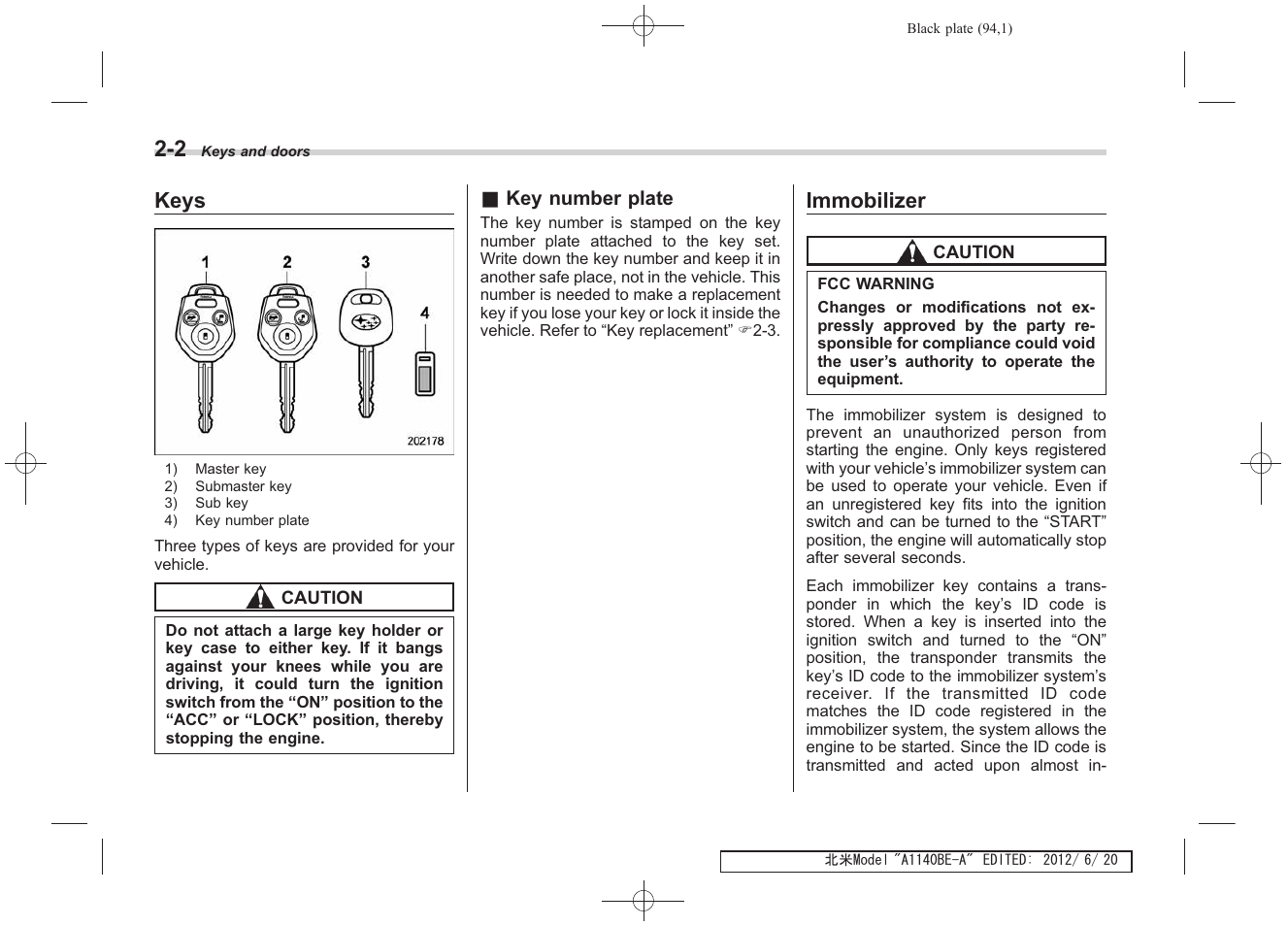 Keys, Immobilizer | Subaru 2013 Impreza User Manual | Page 94 / 463