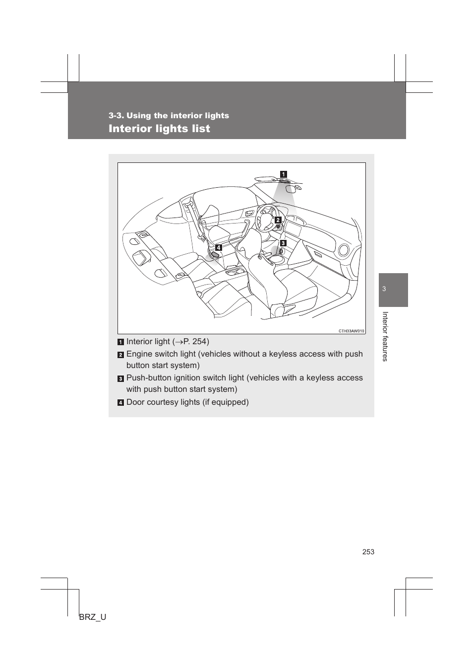Interior lights list | Subaru 2013 BRZ User Manual | Page 255 / 486