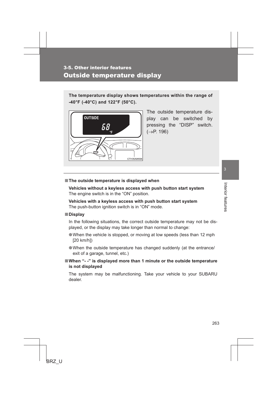 Outside temperature display | Subaru 2013 BRZ User Manual | Page 265 / 486