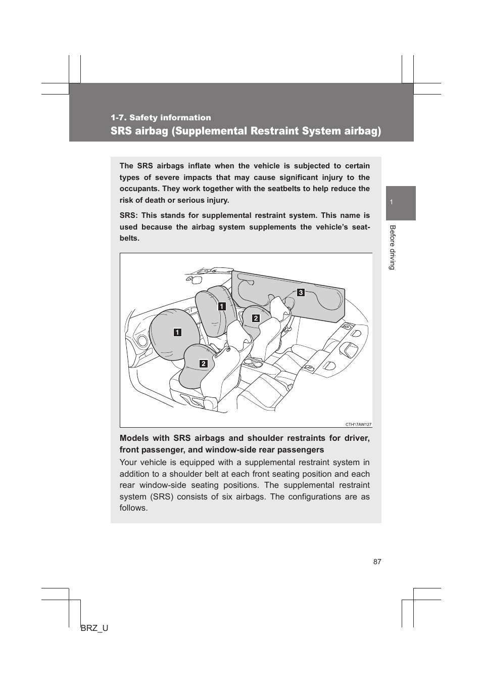 Srs airbag (supplemental restraint system airbag) | Subaru 2013 BRZ User Manual | Page 89 / 486