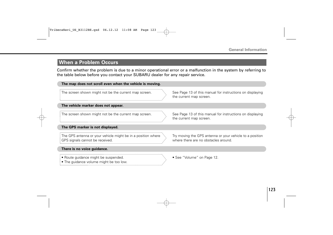 When a problem occurs | Subaru 2012 Tribeca Navigation System User Manual | Page 124 / 126