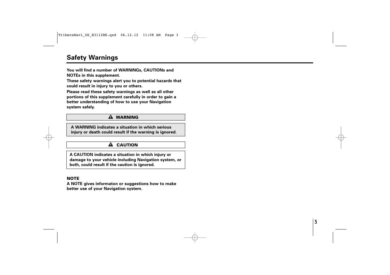Safety warnings | Subaru 2012 Tribeca Navigation System User Manual | Page 4 / 126