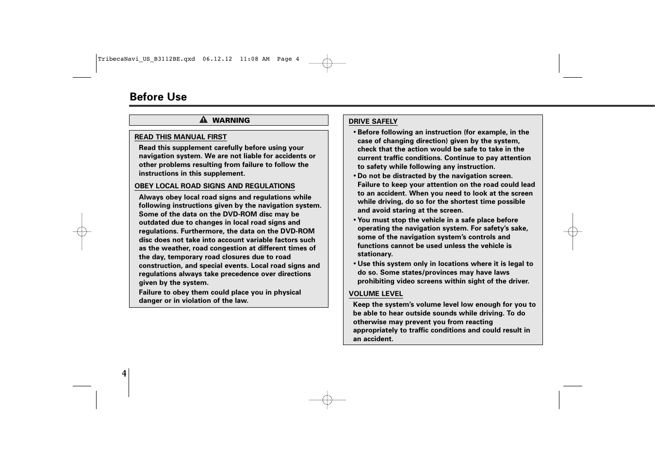 Before use | Subaru 2012 Tribeca Navigation System User Manual | Page 5 / 126