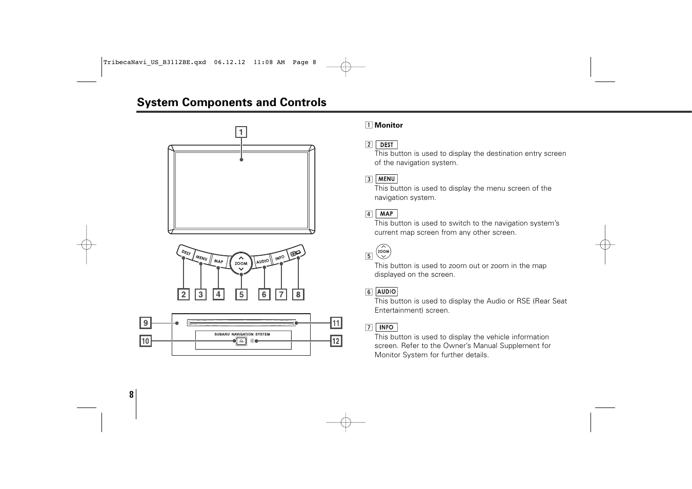 System components and controls | Subaru 2012 Tribeca Navigation System User Manual | Page 9 / 126