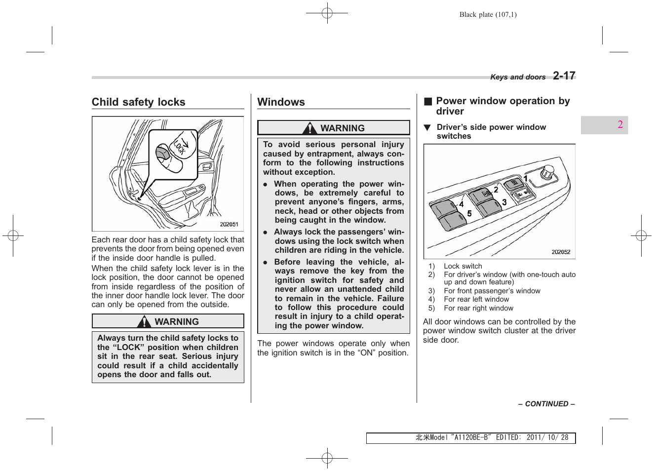 Child safety locks, Windows | Subaru 2012 Impreza User Manual | Page 105 / 447