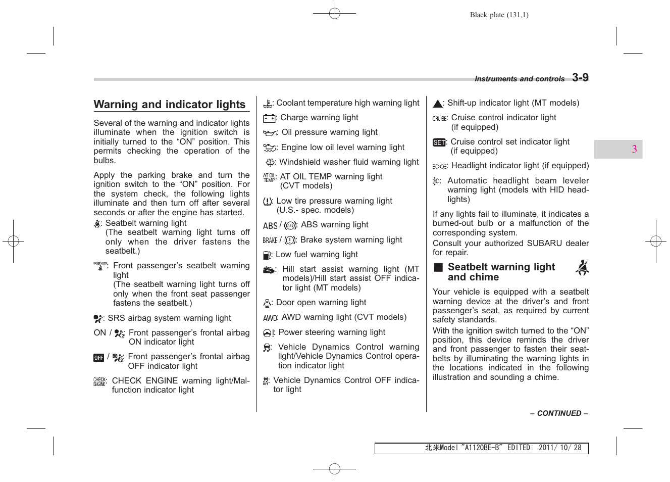 Warning and indicator lights | Subaru 2012 Impreza User Manual | Page 123 / 447