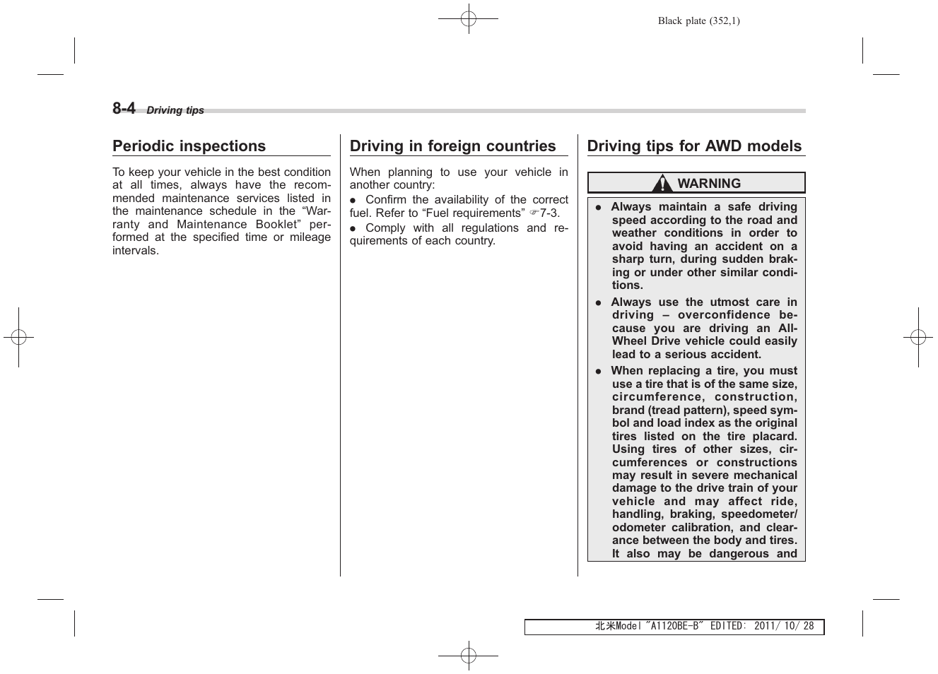 Periodic inspections, Driving in foreign countries, Driving tips for awd models | Subaru 2012 Impreza User Manual | Page 320 / 447