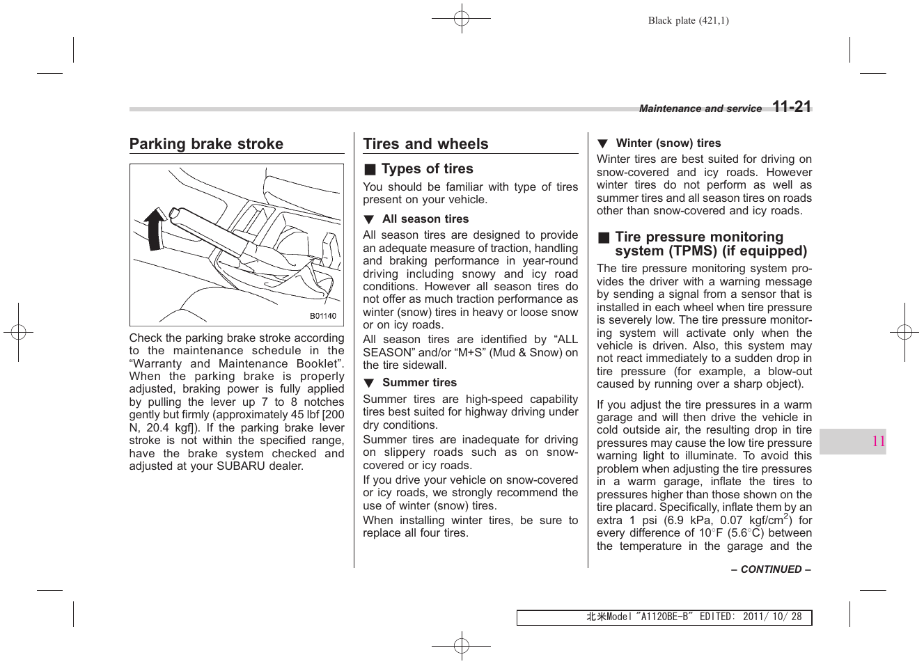 Parking brake stroke, Tires and wheels | Subaru 2012 Impreza User Manual | Page 375 / 447