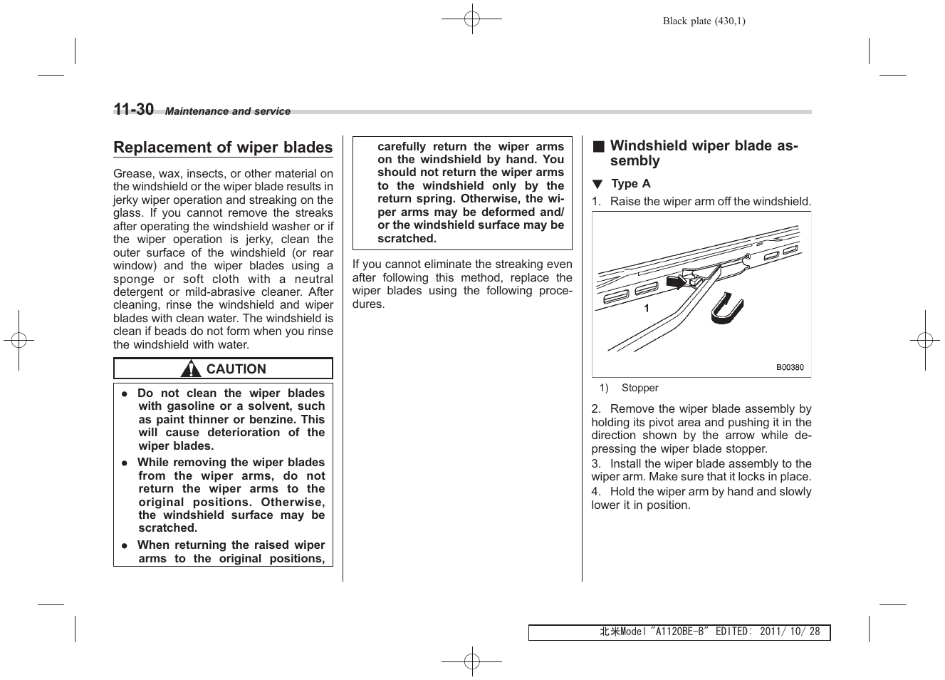 Replacement of wiper blades | Subaru 2012 Impreza User Manual | Page 384 / 447