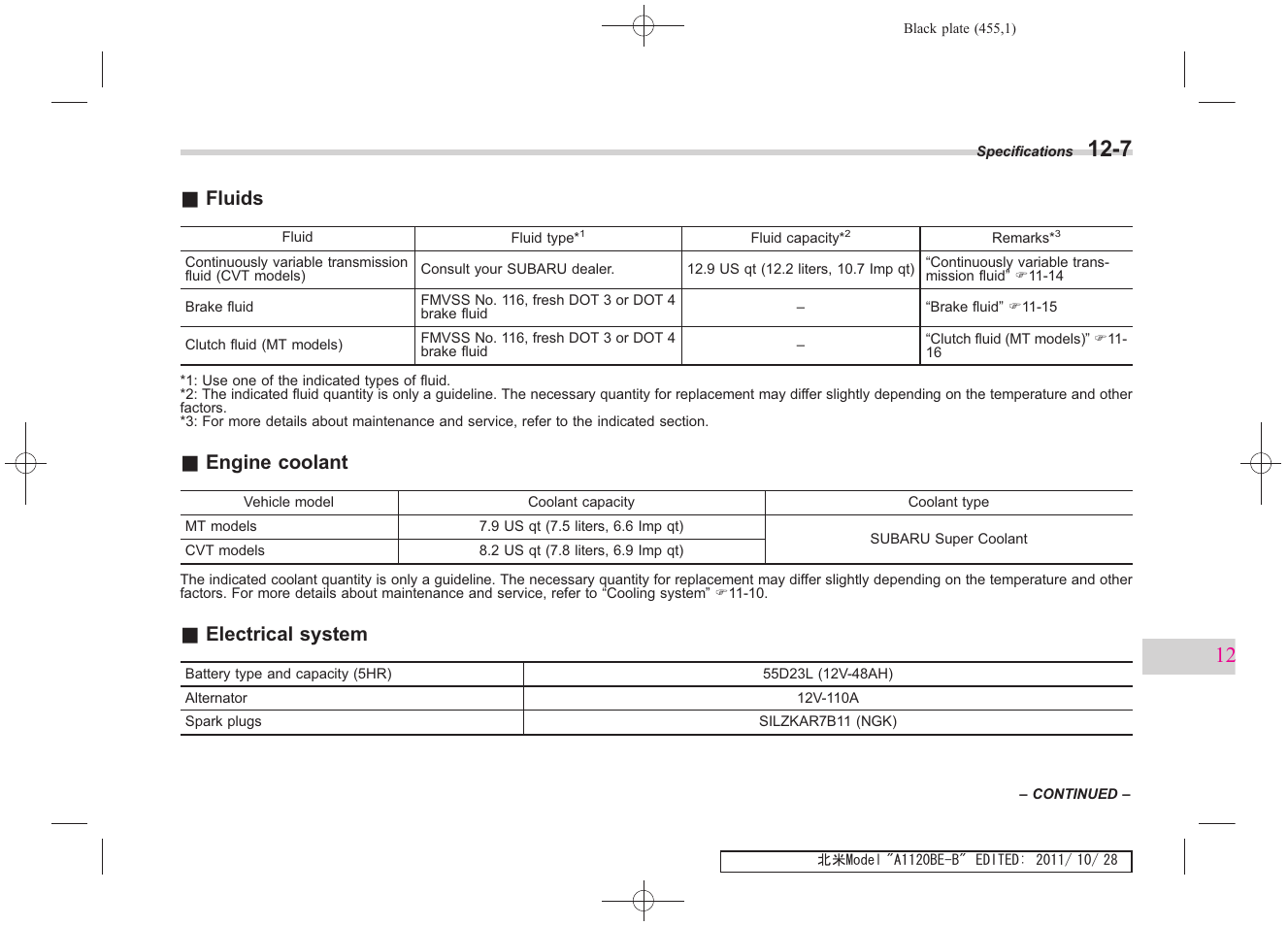 Fluids, Engine coolant, Electrical system | Subaru 2012 Impreza User Manual | Page 407 / 447