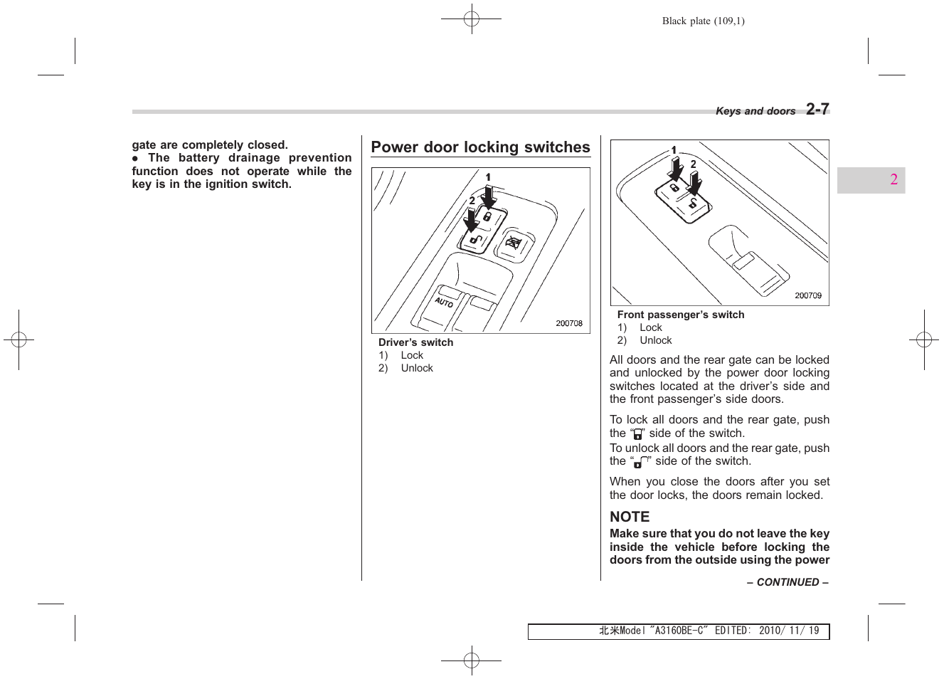 Power door locking switches | Subaru 2011 Tribeca User Manual | Page 266 / 580