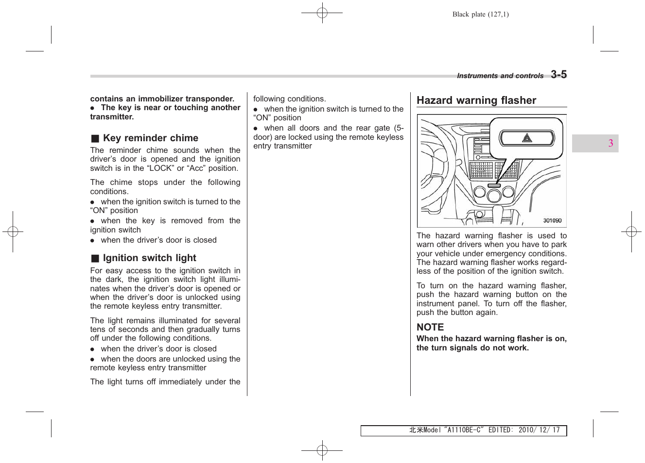 Hazard warning flasher | Subaru 2011 Impreza WRX User Manual | Page 125 / 459