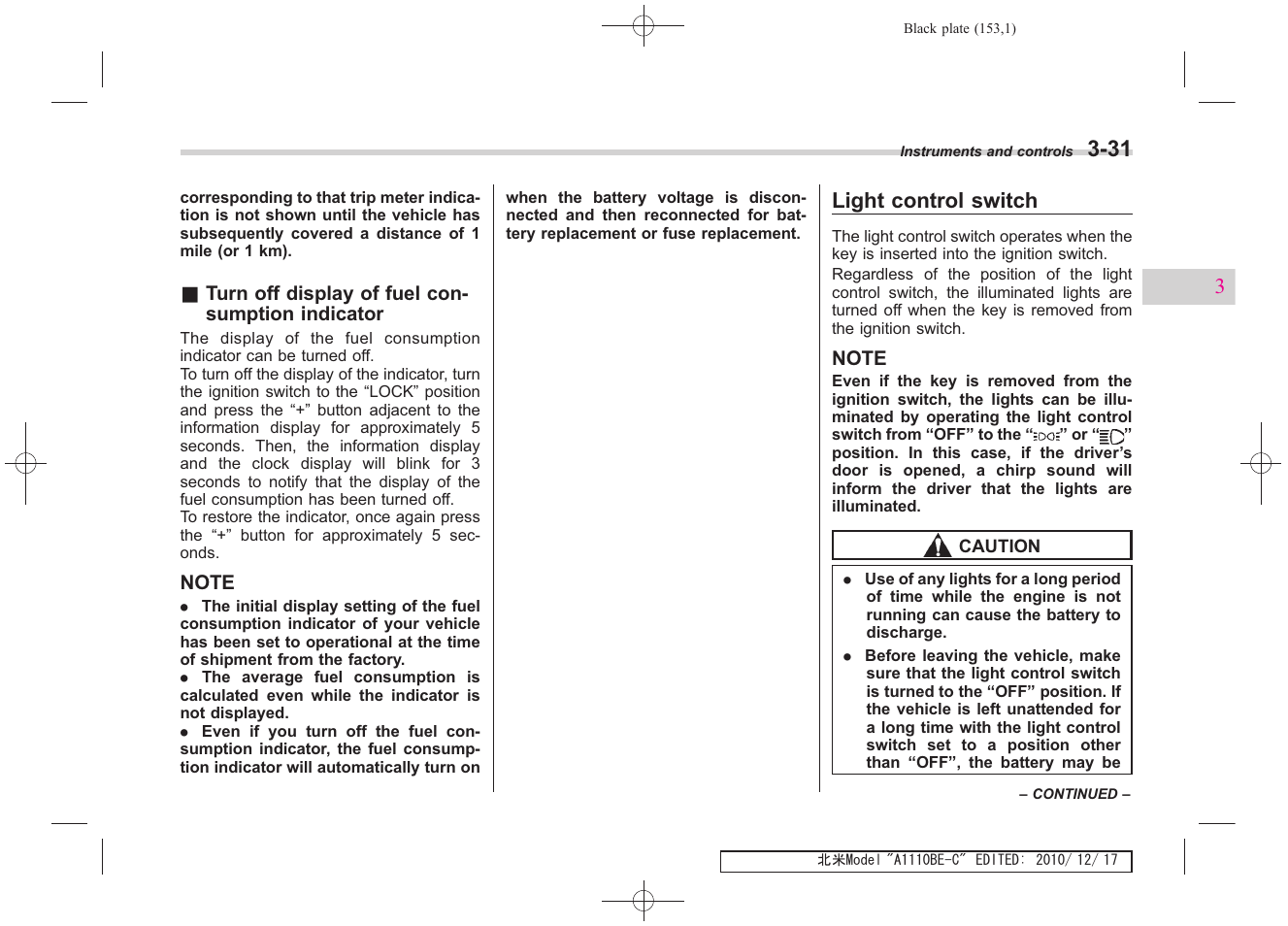 Light control switch | Subaru 2011 Impreza WRX User Manual | Page 151 / 459