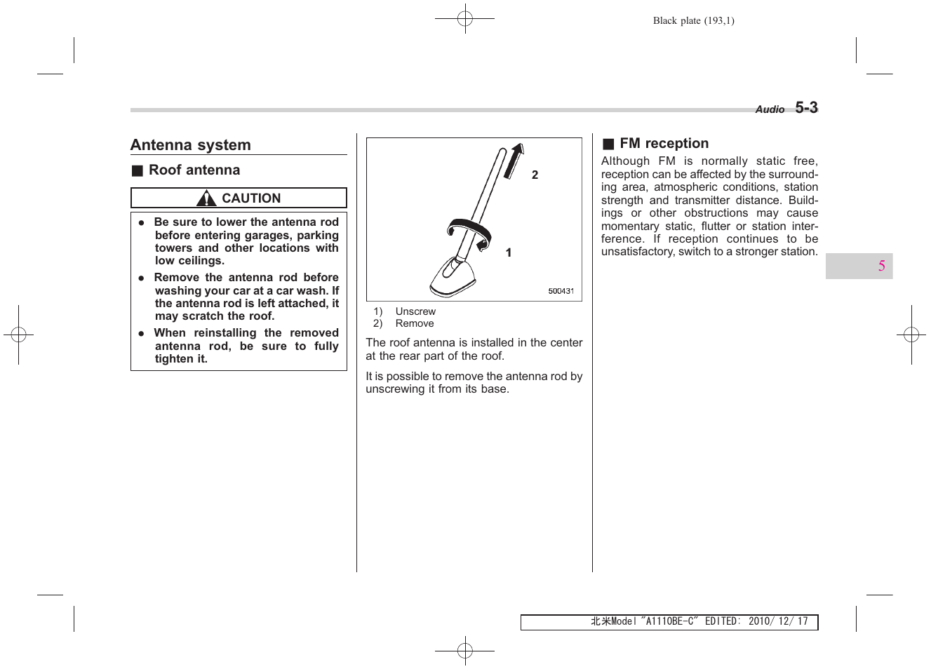 Antenna system | Subaru 2011 Impreza WRX User Manual | Page 191 / 459