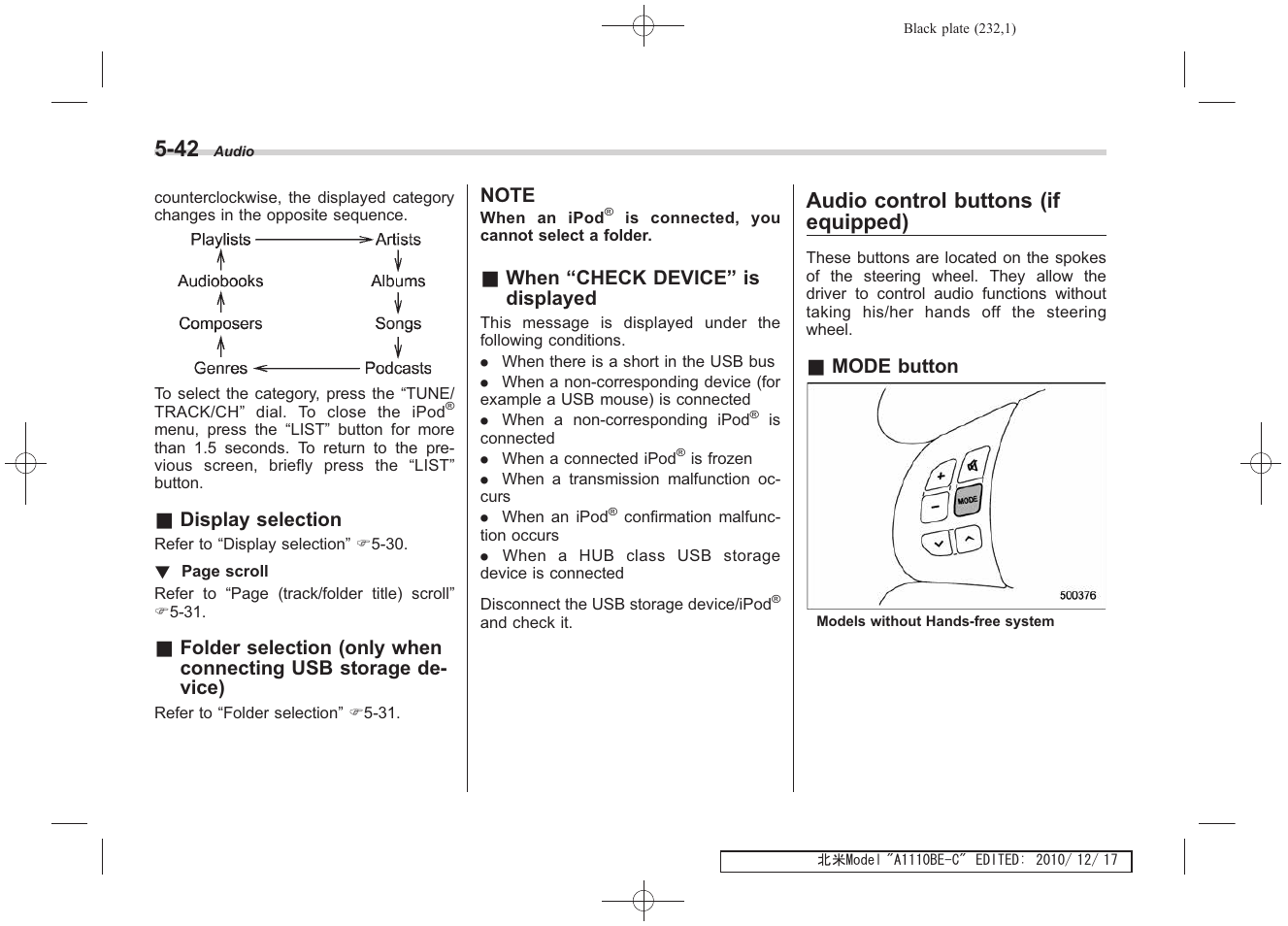 Audio control buttons (if equipped) | Subaru 2011 Impreza WRX User Manual | Page 230 / 459