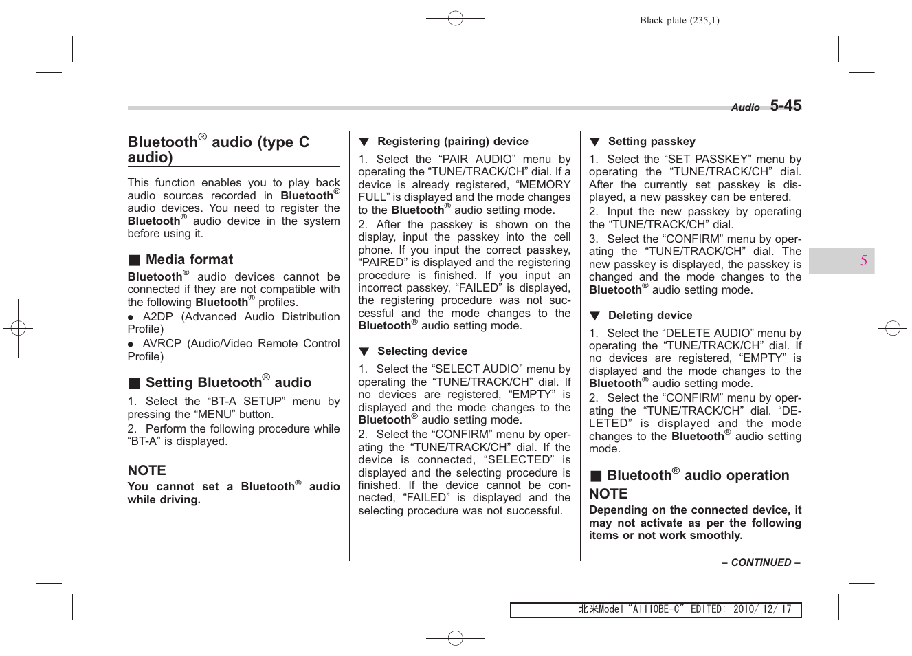 Bluetooth, Audio (type c audio) | Subaru 2011 Impreza WRX User Manual | Page 233 / 459