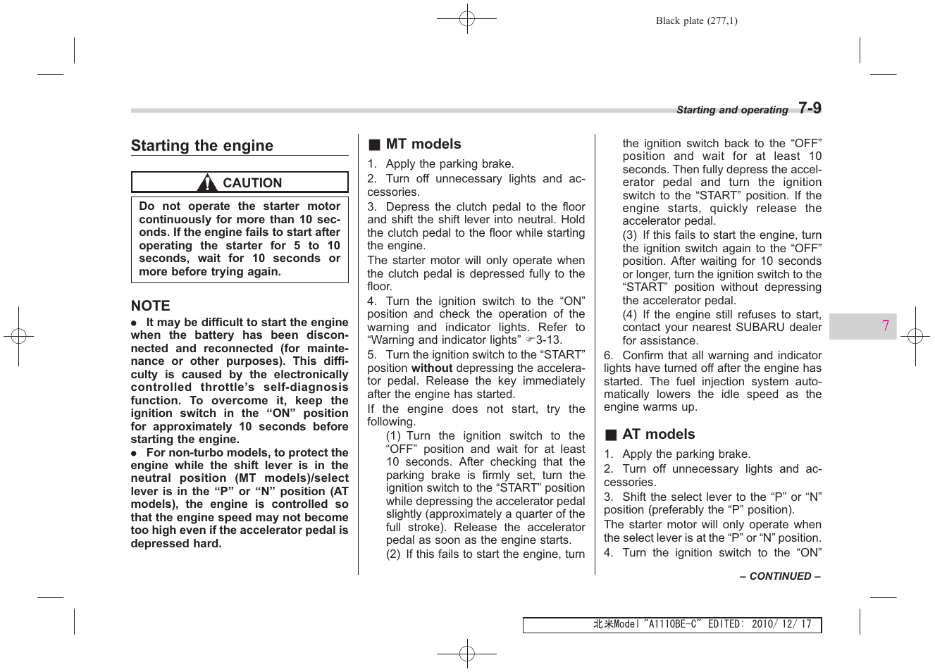 Starting the engine | Subaru 2011 Impreza WRX User Manual | Page 273 / 459