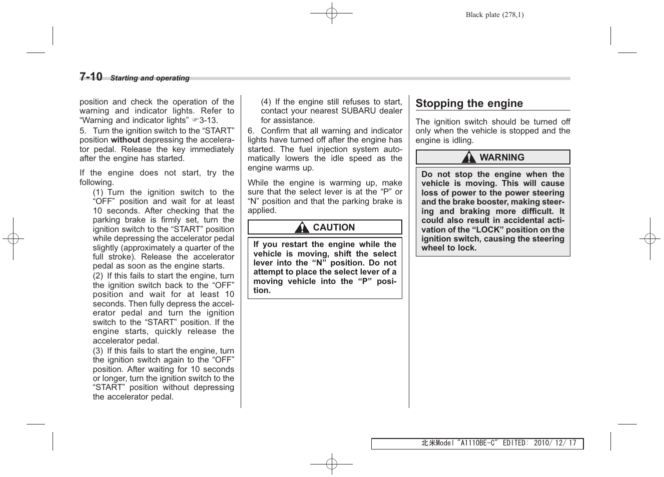 Stopping the engine | Subaru 2011 Impreza WRX User Manual | Page 274 / 459