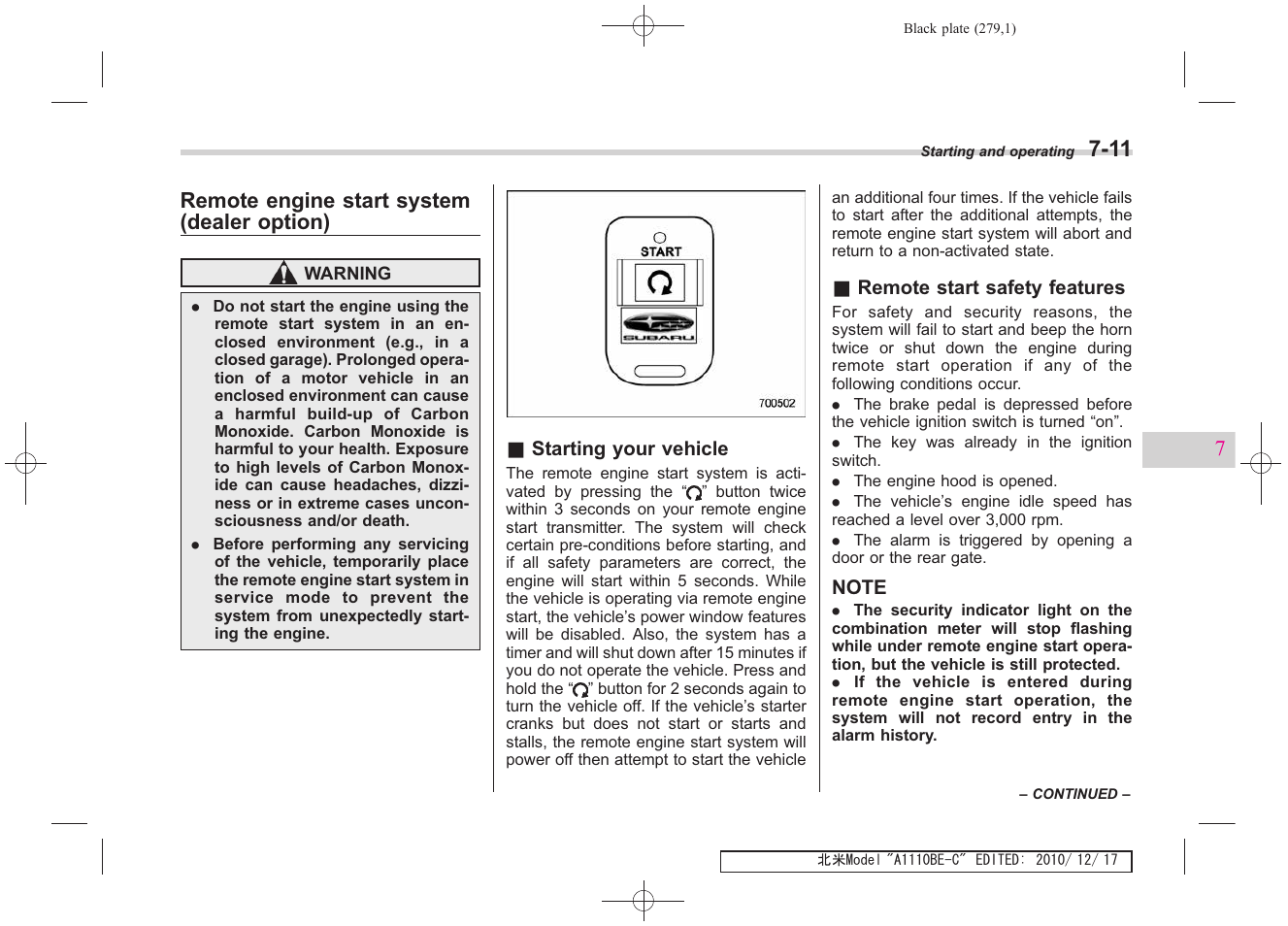 Remote engine start system (dealer option) | Subaru 2011 Impreza WRX User Manual | Page 275 / 459