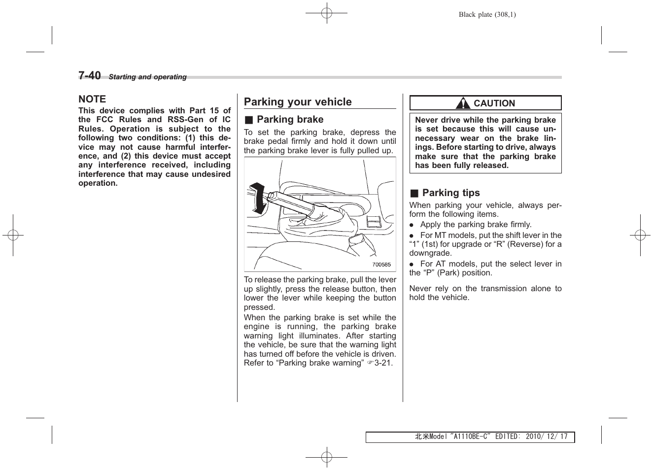 Parking your vehicle | Subaru 2011 Impreza WRX User Manual | Page 304 / 459