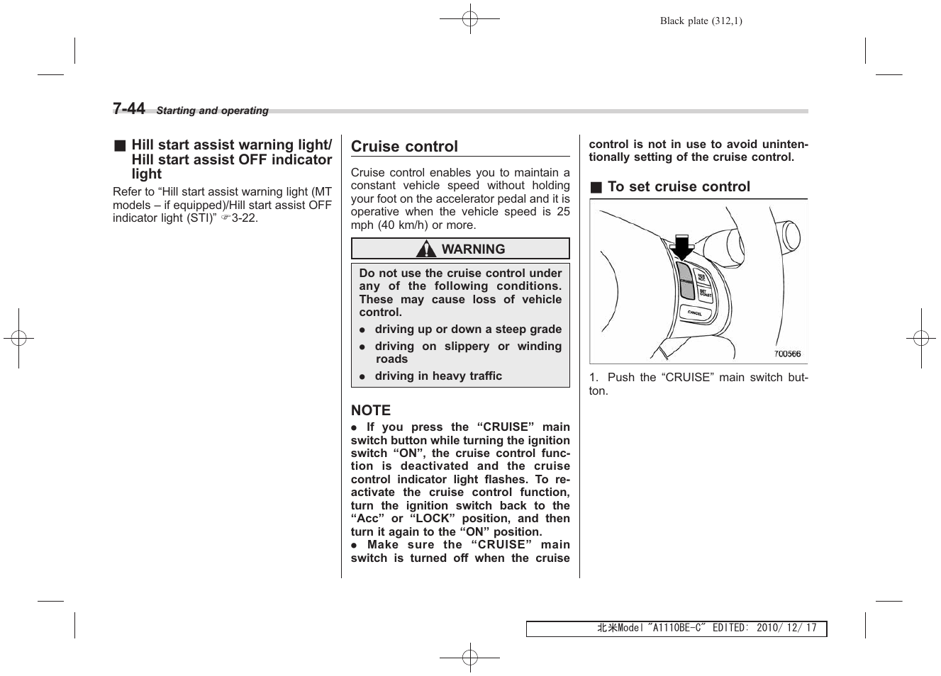 Cruise control | Subaru 2011 Impreza WRX User Manual | Page 308 / 459