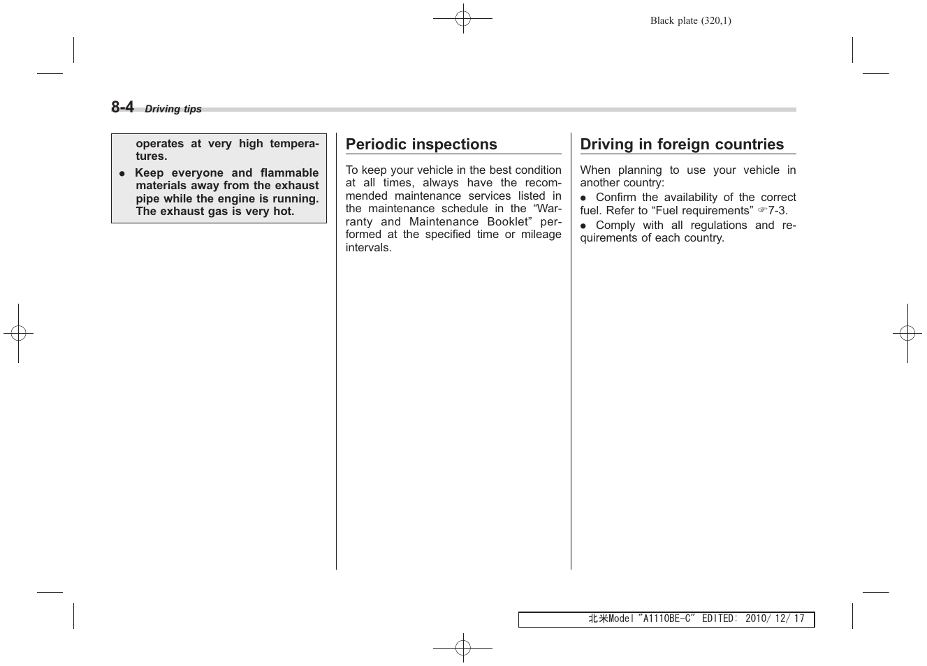 Periodic inspections, Driving in foreign countries | Subaru 2011 Impreza WRX User Manual | Page 316 / 459