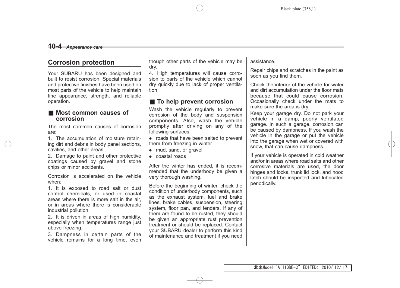 Corrosion protection | Subaru 2011 Impreza WRX User Manual | Page 352 / 459