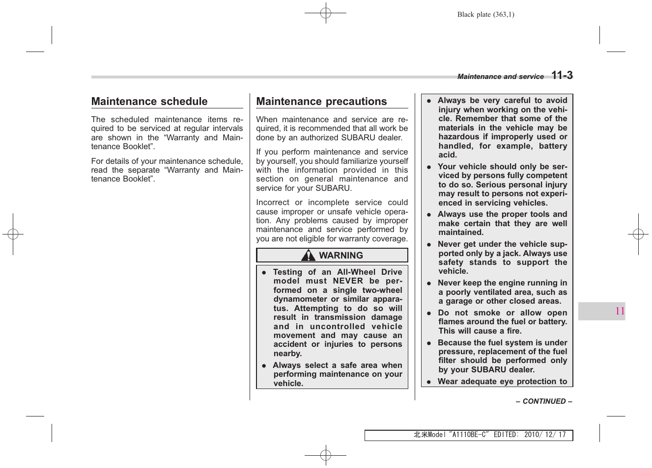 Maintenance schedule, Maintenance precautions | Subaru 2011 Impreza WRX User Manual | Page 357 / 459