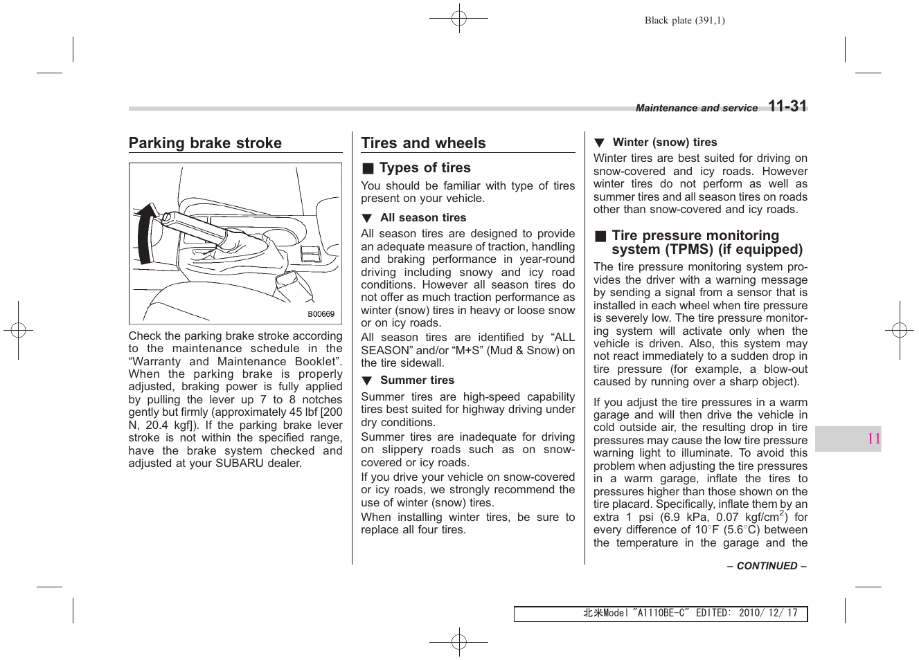 Parking brake stroke, Tires and wheels | Subaru 2011 Impreza WRX User Manual | Page 385 / 459