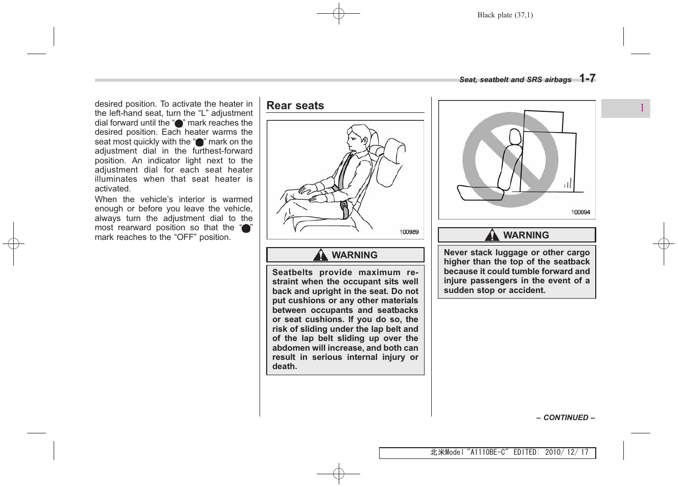 Rear seats | Subaru 2011 Impreza WRX User Manual | Page 39 / 459