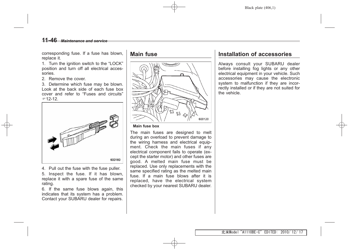 Main fuse, Installation of accessories | Subaru 2011 Impreza WRX User Manual | Page 400 / 459