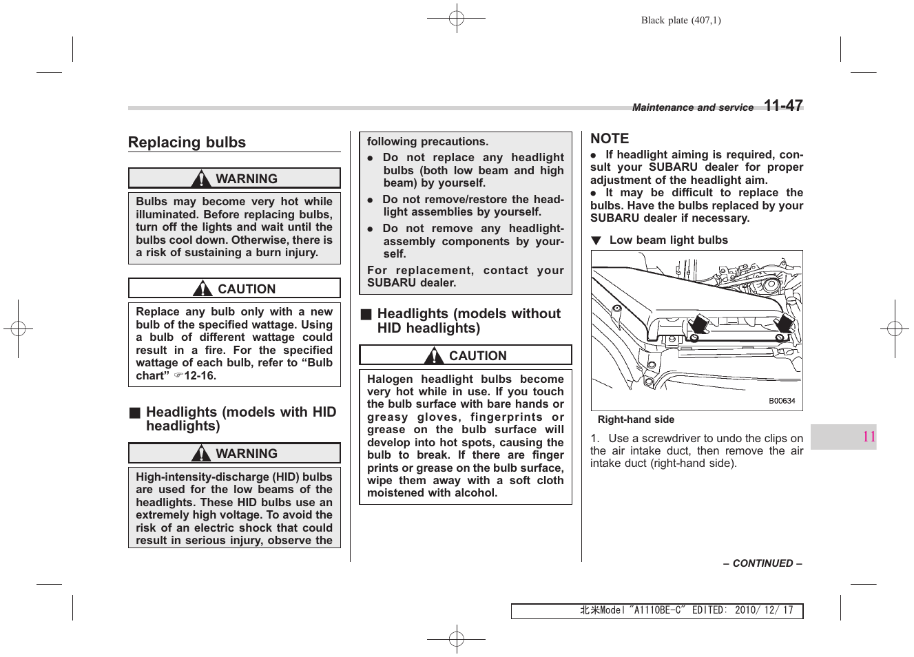 Replacing bulbs | Subaru 2011 Impreza WRX User Manual | Page 401 / 459