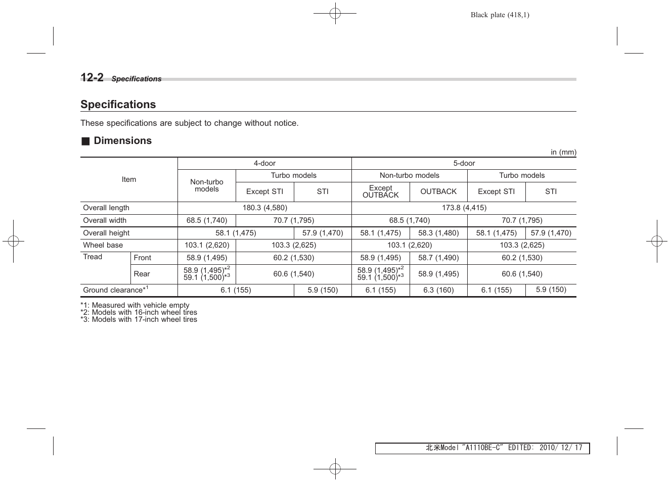 Specifications, Dimensions | Subaru 2011 Impreza WRX User Manual | Page 412 / 459