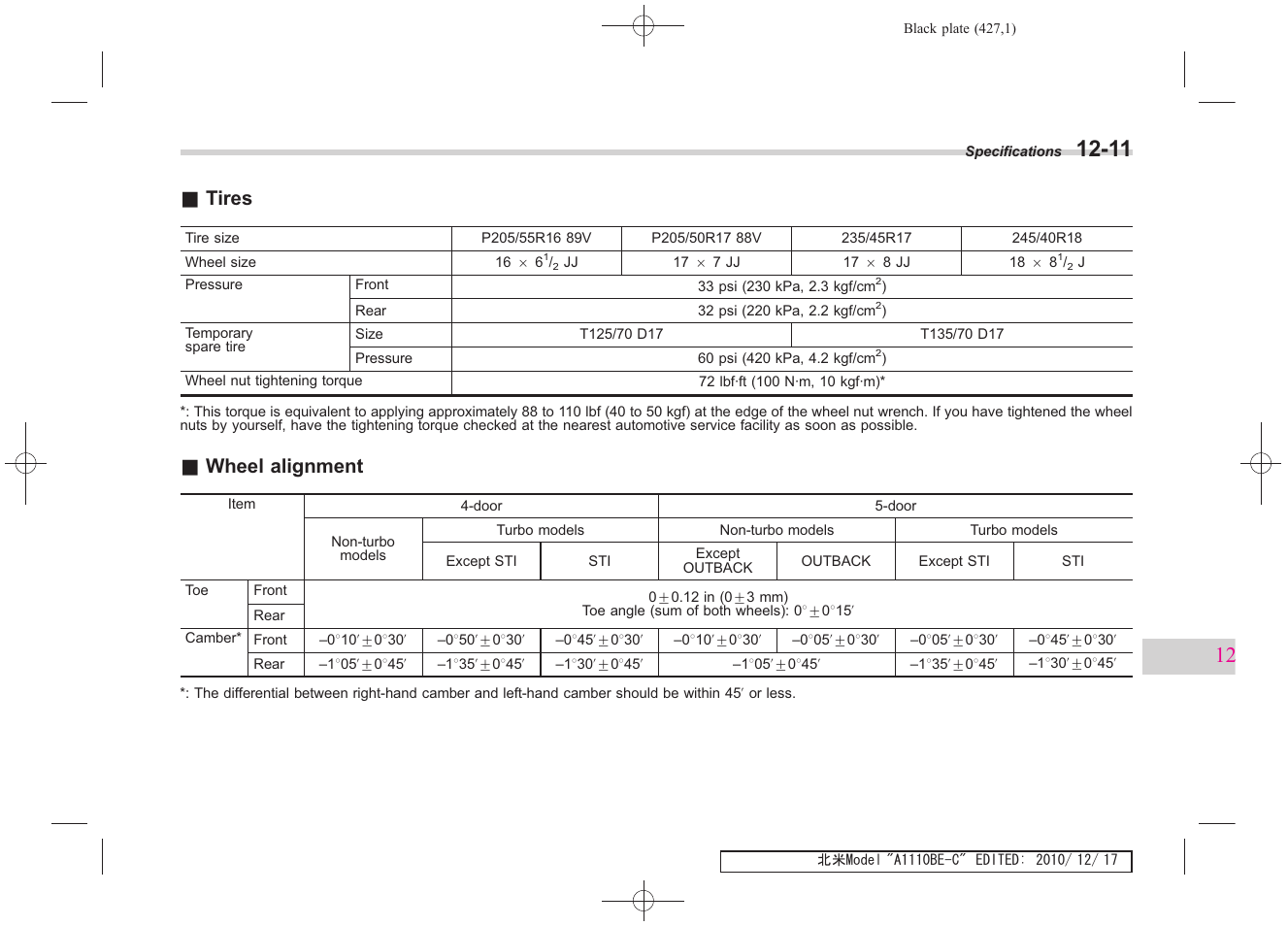 Tires, Wheel alignment | Subaru 2011 Impreza WRX User Manual | Page 421 / 459