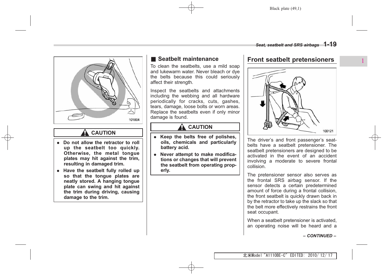 Front seatbelt pretensioners | Subaru 2011 Impreza WRX User Manual | Page 51 / 459