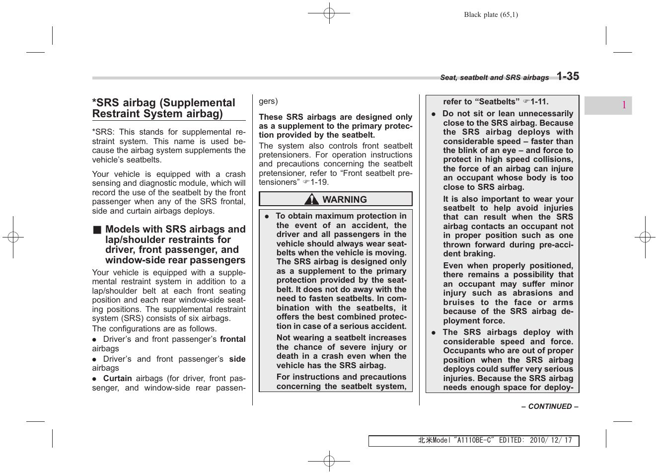 Srs airbag (supplemental restraint system airbag) | Subaru 2011 Impreza WRX User Manual | Page 67 / 459