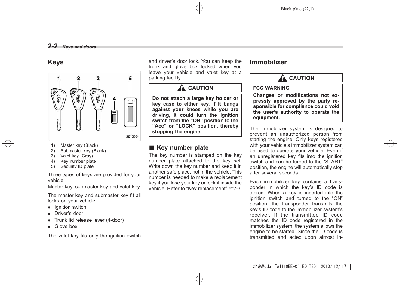 Keys, Immobilizer | Subaru 2011 Impreza WRX User Manual | Page 92 / 459