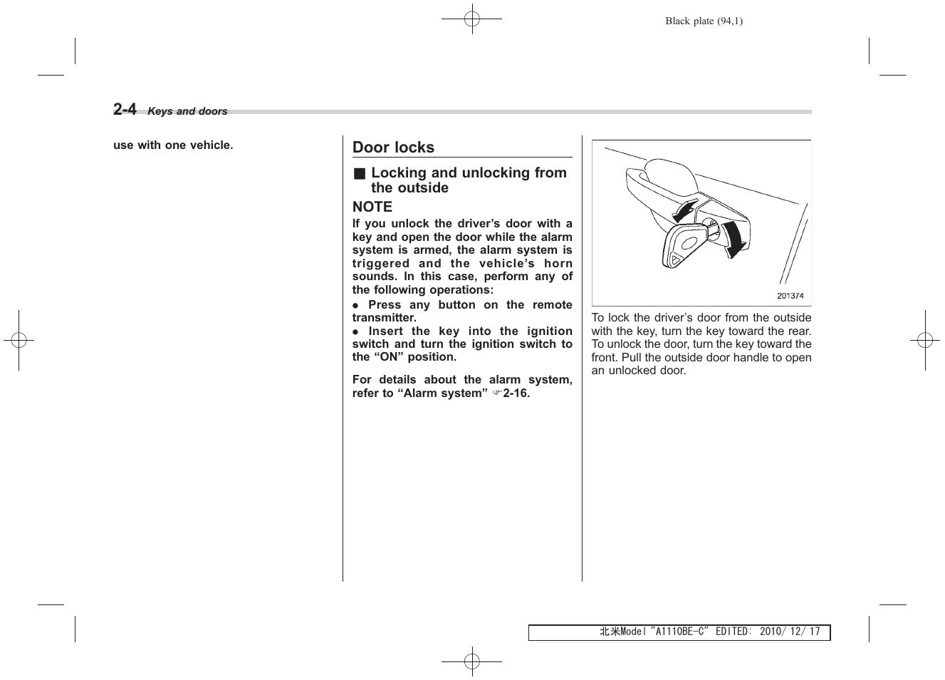 Door locks | Subaru 2011 Impreza WRX User Manual | Page 94 / 459